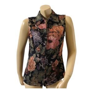 Susan Graver Floral Tapestry Zip Vest Womens Size Small Collared Vintage 90s